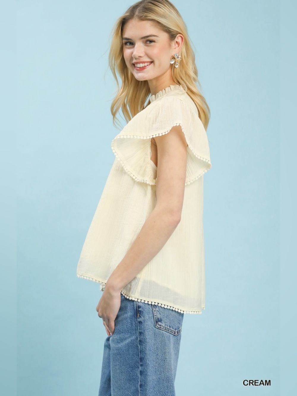 Umgee Flutter Sleeve Relaxed Top with Trim Detail - Picture 2 of 6
